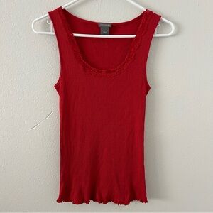 Ann Taylor Ribbed Lace Trim Tank Top Women’s M Silk Cotton Blend Lettuce Hem Y2K